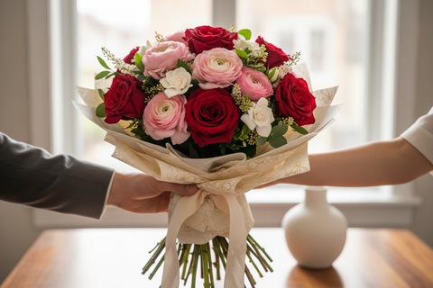 Bouquet de fleurs pour la saint Valentin, une main d'homme qui donne des fleurs à une main de femme