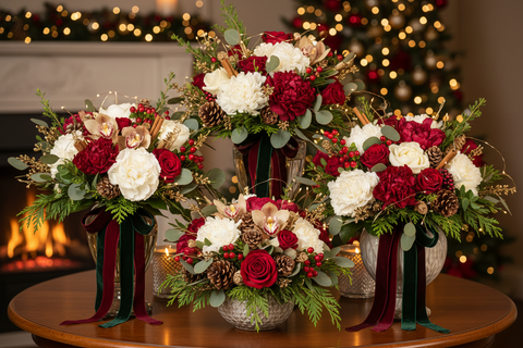 bouquets cadeaux pour les fêtes de fin d'années, quelques d'abondant ccompagné d’eucalyptus, de pommes de pin, de lumière chaleureuse.