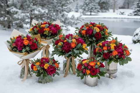 Bouquets de fleurs vibrants dans la neige