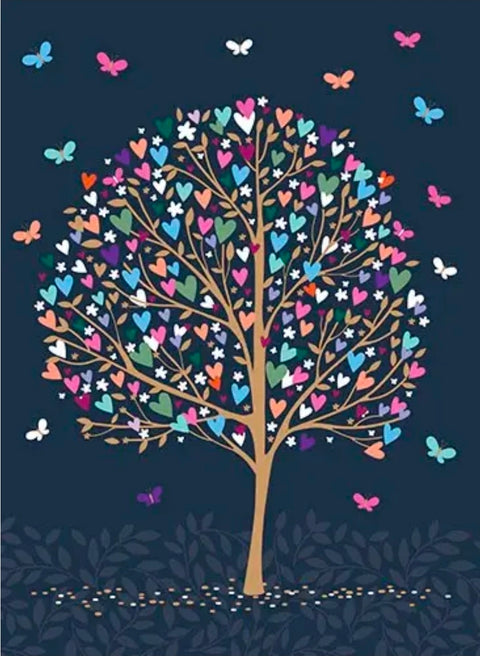 Carte de souhaits illustrée d’un arbre aux feuilles en forme de cœurs multicolores et de papillons, sans texte, format 9 x 12 pouces.