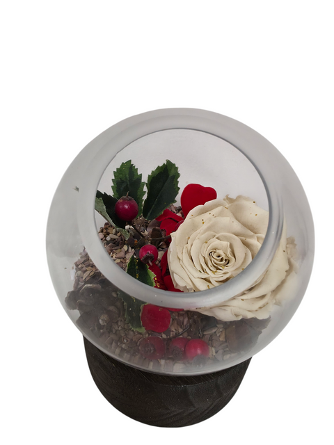 Rose éternelle blanche sous cloche de verre avec éléments décoratifs naturels
