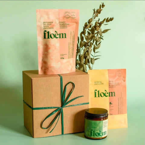 Coffret bien-être Floèm comprenant une infusion de bain Forêt nordique, une infusion boréale rose, camomille et feuilles du Labrador, et une bougie de soja, présenté dans une boîte cadeau attachée avec un ruban vert.