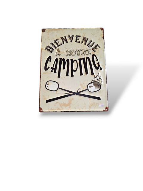 Cadre décoratif vintage en métal avec inscription Bienvenue à notre camping et illustration de guimauves