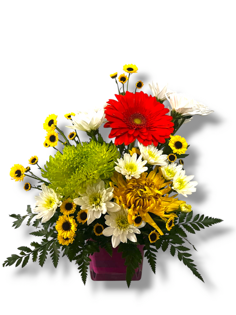 Arrangement floral lumineux avec gerbera rouge, marguerites jaunes et blanches, dans un vase rose.