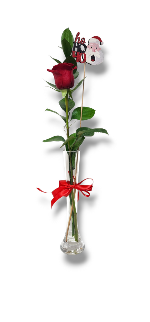 
Rose rouge avec verdure dans un vase étroit décoré d’un ruban et d’un petit Père Noël – arrangement « Ho Ho Rose » de Fleur de Guy.
