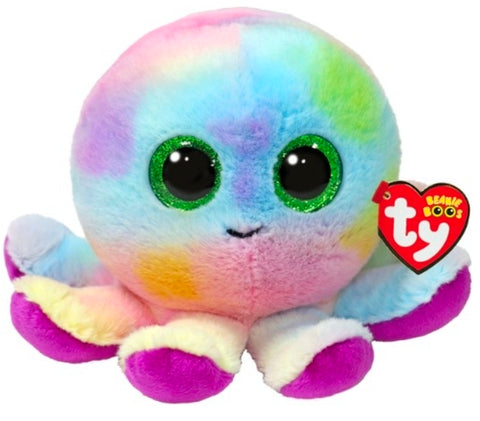 Peluche TY Beanie Boos Bubbles, pieuvre multicolore pastel avec grands yeux verts brillants, jouet doux et câlin.